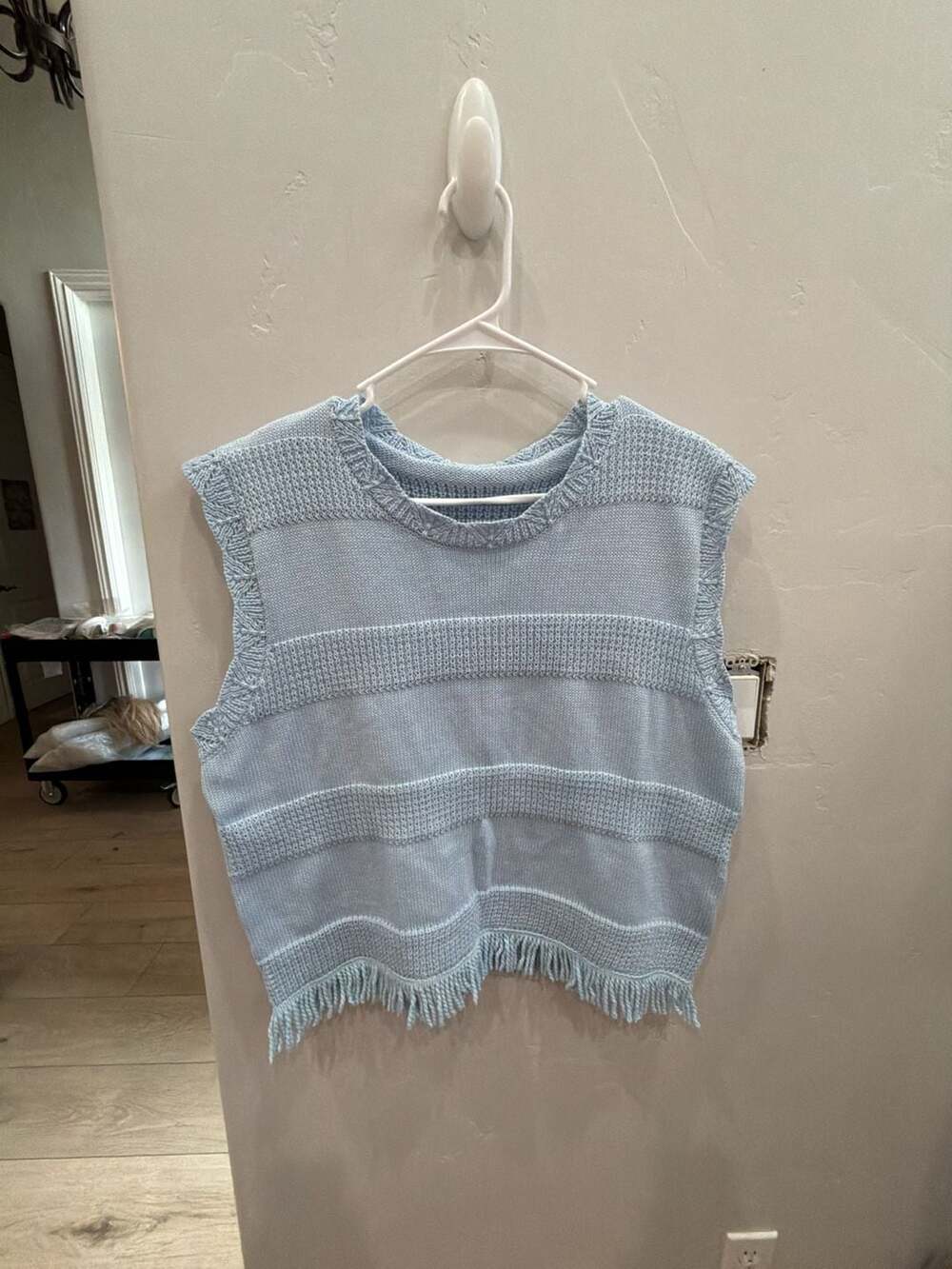 SHEIN FranclTextured Patchwork Fringe Hem Knit Tank Top Vest, Sky Blue, Size XL